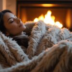 A cozy indoor winter scene featuring a woman relaxing near a fireplace, wrapped in a long-fiber plush blanket
